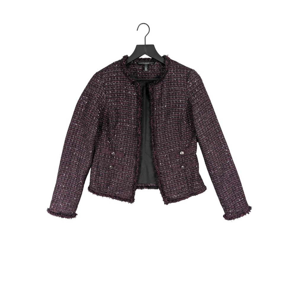 White House Black Market Purple Sequin Tweed Fringe Jacket Womens 6 Plum Silver